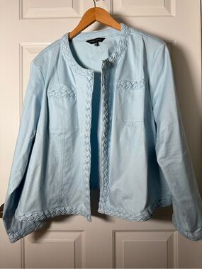 Ming Wang Light Blue Braided-Trim Leather Blazer